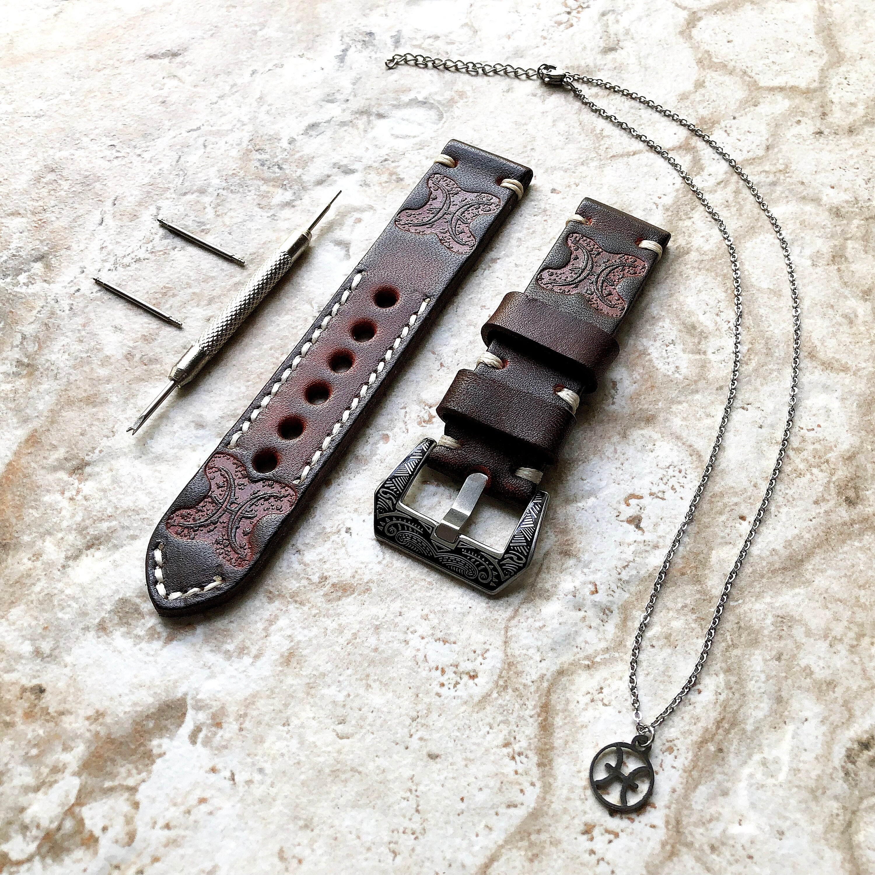 Pisces Zodiac Band 22mm 24mm 25mm Genuine Brown Leather Tooled Embossed Handmade Strap Bracelet Kit for Watches and 25" Pendants Necklace